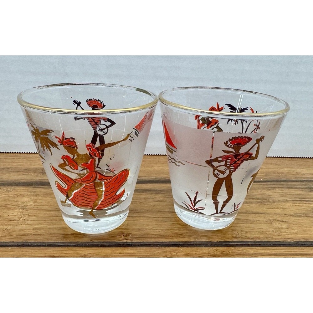(2) Rare Libbey Glasses Caribbean Cruise Flamenco Dancer Mid-Century Drinkware